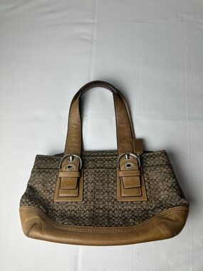 Coach Brown Signature Jacquard Shoulder Bag with Tan Leather Trim